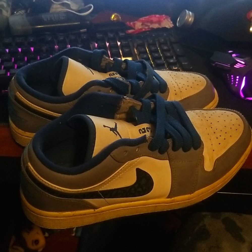 Beat up Jordan 1 lows blue and grey